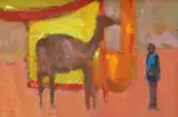 Figure standing beside a camel, 21 x 31cm by Paul Bassingthwaighte, oil on canvas, sold Jan 2023