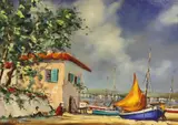 Mediterranean coastal scene by Gudrun Sibbons, oil on board, sold Jan 2023