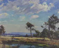 Extensive landscape with pine trees by Thomas Todd Blaylock, oil on canvas, sold Jan 2023