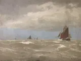 Sketch of fishing boats at sea by Lauritz Bernard Holst, oil on canvas, sold Jan 2023