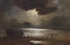 Fisherfolk along the shore under moonlight by George Hyde Pownall, oil on canvas, sold Jan 2023