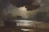 Fisherfolk along the shore under moonlight by George Hyde Pownall, oil on canvas, sold Jan 2023