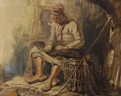 Mending the nets by C. Mitchell, watercolour, offered Jan 2023