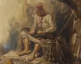 Mending the nets by C. Mitchell, watercolour, offered Jan 2023