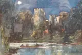 Moonlit scene with figures in a punt and a castle by Philip Connard, watercolour, sold Jan 2023