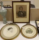 Portraits of a lady and gentleman, one signed and dated 1856, and another similar portrait, largest 31 x 27cm by M. Frantz, 1856, watercolor, sold Jan 2023