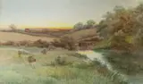 Sheep in a meadow at sunset by George Oyston, 1910, watercolour, sold Jan 2023