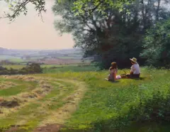 Picnic on the hill' oil on canvas signed 39 x 49cm by Antony Sheath, oil on canvas, sold Jan 2023