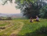 Picnic on the hill' oil on canvas signed 39 x 49cm by Antony Sheath, oil on canvas, sold Jan 2023