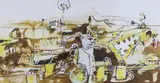 Man at crossroads by Russell Frampton, mixed media, sold Jan 2023