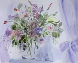 Kitten beside a vase of flowers by Celia K. Russell, watercolour, sold Jan 2023