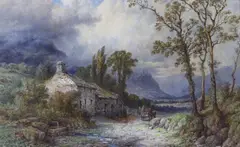 Cart passing stone cottages by Samuel Henry Baker, watercolour, sold Jan 2023