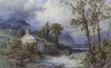 Cart passing stone cottages by Samuel Henry Baker, watercolour, sold Jan 2023