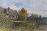 Figures and chickens beside a thatched cottage by Edgar John Varley, 1878, watercolour, sold Jan 2023