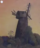 Windmill at sunset, 26 x 23cm by Johan Scherrewitz, watercolour, offered Jan 2023