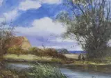 River landscape with anglers by Percy Leslie Lara, watercolour, offered Jan 2023