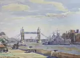 Tower Bridge with HMS Belfast by Charles Brooker, watercolour, sold Jan 2023