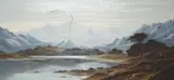 Figures admiring a mountainous lake scene with castle, 28.5 x 59cm by Charles Leslie, oil on canvas, sold Jan 2023
