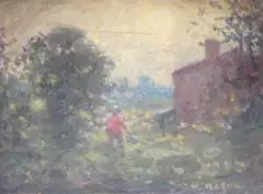 Figure and a house amongst a woodland landscape by William Mason, oil on board, sold Jan 2023