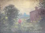 Figure and a house amongst a woodland landscape by William Mason, oil on board, sold Jan 2023