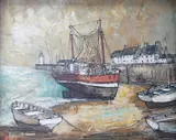 Lighthouse and Fishing Boats by Julien Porisse, oil on canvas, sold Jan 2023