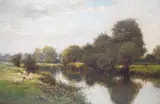 Sheep grazing alongside a river by Robert Thorne Waite, oil on canvas, sold Jan 2023