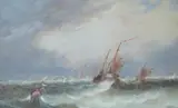 Shipping at sea, indistinctly signed, 16 x 27cm by William James Durrant Ready, oil on board, sold Jan 2023