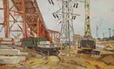 Construction Site by Nilkolai Pavlovich Neklyenko, oil on board, sold Jan 2023
