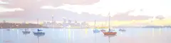 Evening Reflections, Auckland City by Simon Williams, oil on canvas, sold Jan 2023