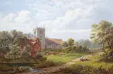 Lapley Church, Staffordshire from the meadows by Robert Mann Jnr, oil on canvas, sold Jan 2023