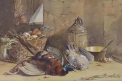 Still life study of dead game and fruit by James Hardy Jnr, watercolour, sold Jan 2023