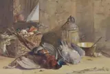 Still life study of dead game and fruit by James Hardy Jnr, watercolour, sold Jan 2023