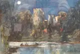 Moonlit scene with figures in a punt and a castle by Philip Connard, watercolour, sold Jan 2023
