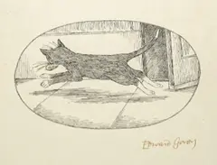 Cat stealing a fish by Edward Gorey, etching, sold Jan 2023