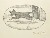 Cat stealing a fish by Edward Gorey, etching, sold Jan 2023