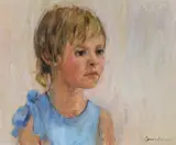 Girl in a blue dress by June Corsellis, oil on canvas, sold Dec 2022