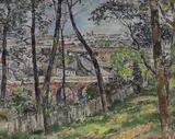 View over Linton Road, Hastings, label verso, 50 x 60cm by Vincent Lines, oil on board, sold Dec 2022