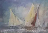 Fishing boats off the coast, label verso, 27 x 38cm by John Moody, watercolour, sold Dec 2022