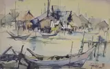 View of a fishing village by Long Thien Shih, 1963, watercolour, sold Dec 2022