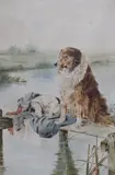 Dogs upon a jetty, 45 x 29cm by Raymond Sheppard, watercolour, sold Dec 2022