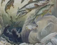 Otters and fish by Raymond Sheppard, watercolour, sold Dec 2022