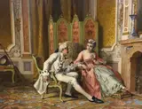 A romantic tryst in an elegant drawing roomoil on by Antonio Ermolao Paoletti, oil on panel, sold Dec 2022