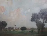 Extensive Eastern European landscape with church by Robert Friedrich Karl Scholtz, oil on canvas, sold Dec 2022
