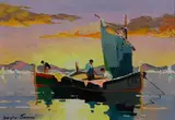 'Dawn Fishermen off French coast by Cecil Rochfort D'Oyly-John, oil on canvas, sold Dec 2022