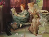 Classical beauties reading booksoil on canvassigned and by Konstantin Razumov, oil on canvas, sold Dec 2022