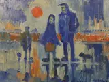 Rain Reflections, Wigan Shawl by James Lawrence Isherwood, oil on board, sold Dec 2022