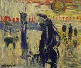 Rain People by James Lawrence Isherwood, oil on board, sold Dec 2022