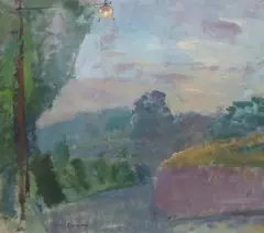 Landscape with lamp postoil on boardsigned by Frederick Cuming, oil, sold Dec 2022