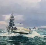 Royal Naval aircraft carrier at seaoil by Geoff Hunt Pprsma, 1984, oil on canvas board, sold Dec 2022