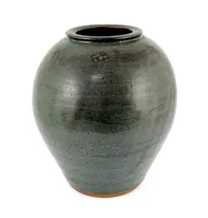 A large grey-blue and tenmoku glazed ovoid vase by William Marshall, sculpture, sold Dec 2022
